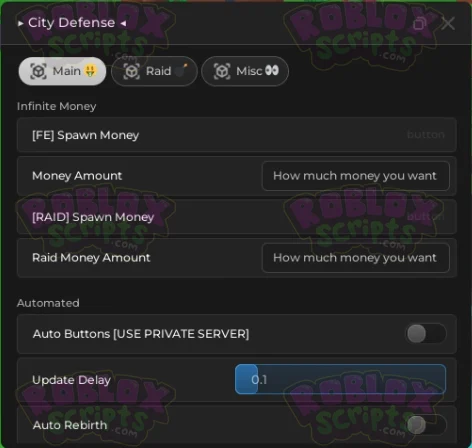 City Defense Tycoon SPAWN MONEY / SPAM RAID PLAYERS / SPAM MOBS & MORE! OCT 2024