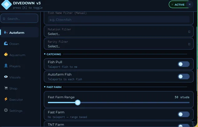 Dive Down Auto Farm And More Menu