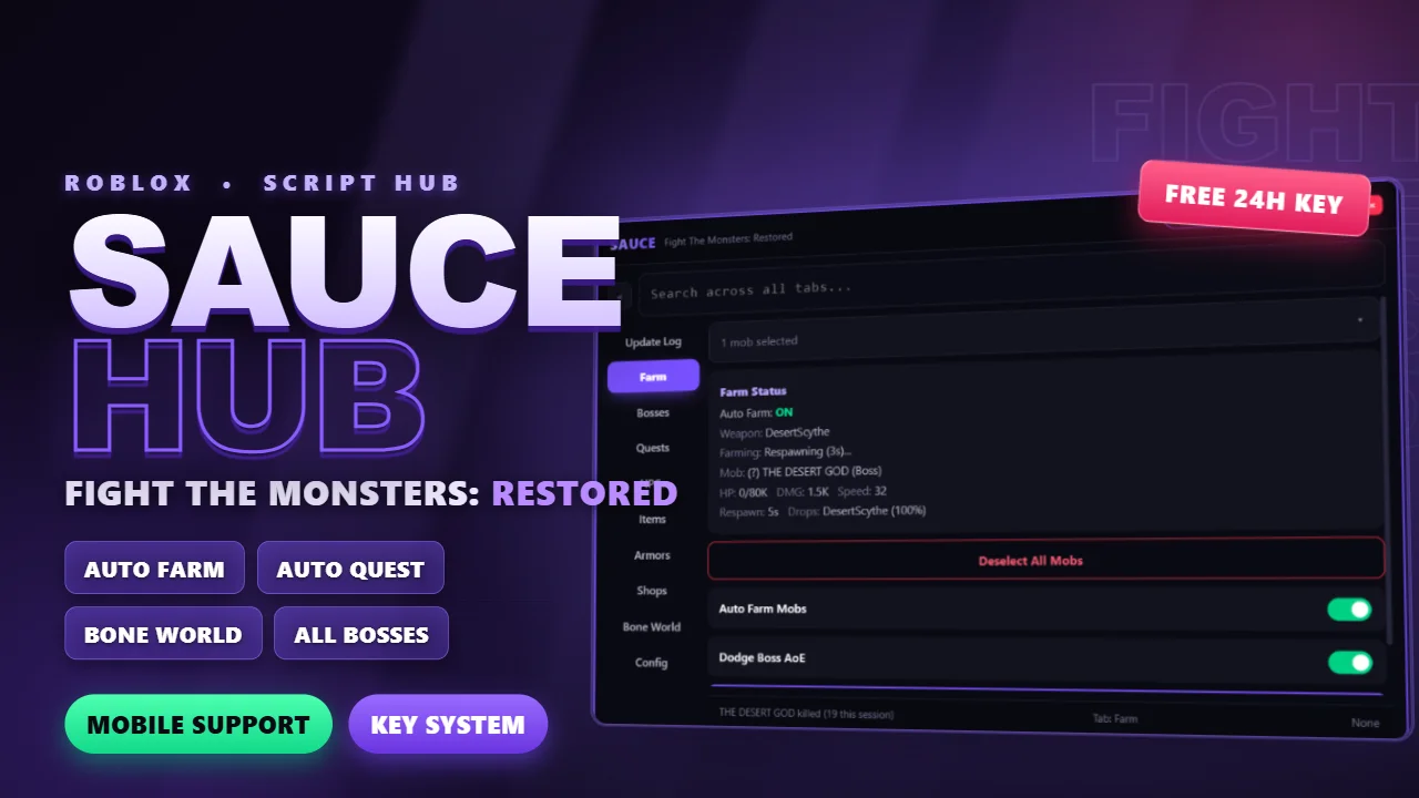 SAUCE HUB | Fight The Monsters: Restored - Auto Farm, Auto Quest, Bone World, Shops & More