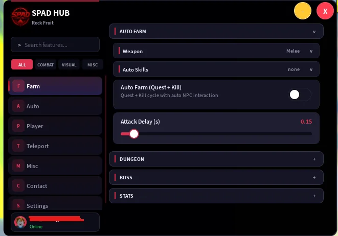 Auto Farm (Full lvl), Auto Rebirth, Auto Kill Boss, Auto Farm Boss, Auto Use Potion and etc.